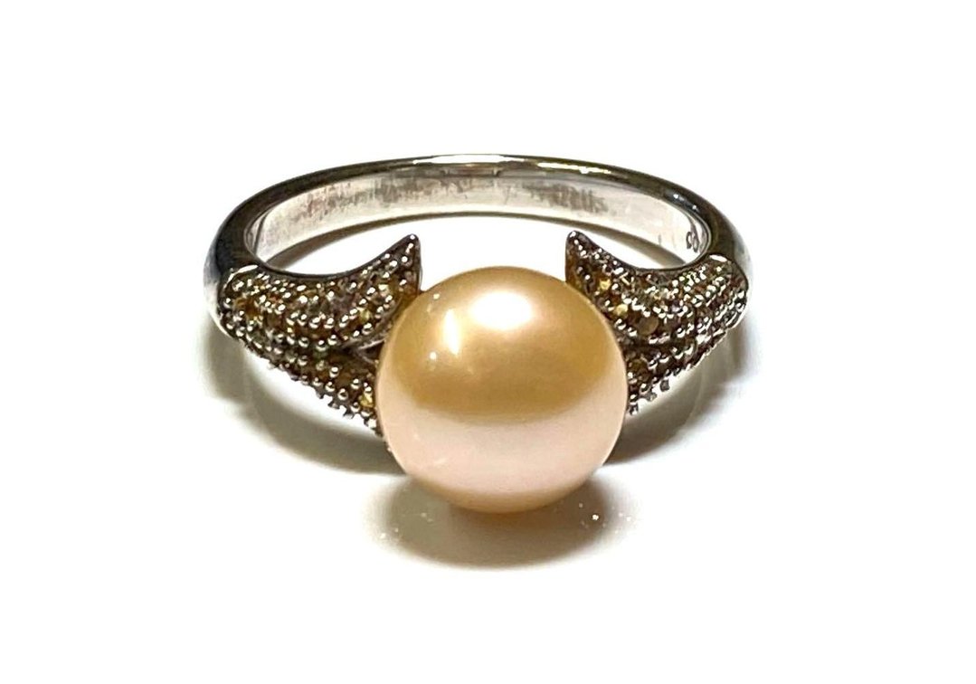 Sterling Silver 925 9mm Golden Cultured freshwater Pearl with 0.31ctw Citrine Rhodium Ring Size 9