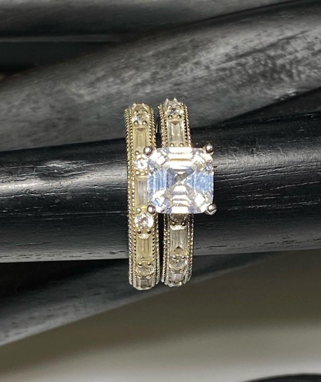 Sterling Silver 925 Bella Luce 11.61CT Square Ascher, Baguette and Round Rhodium Plated Rings Size 9