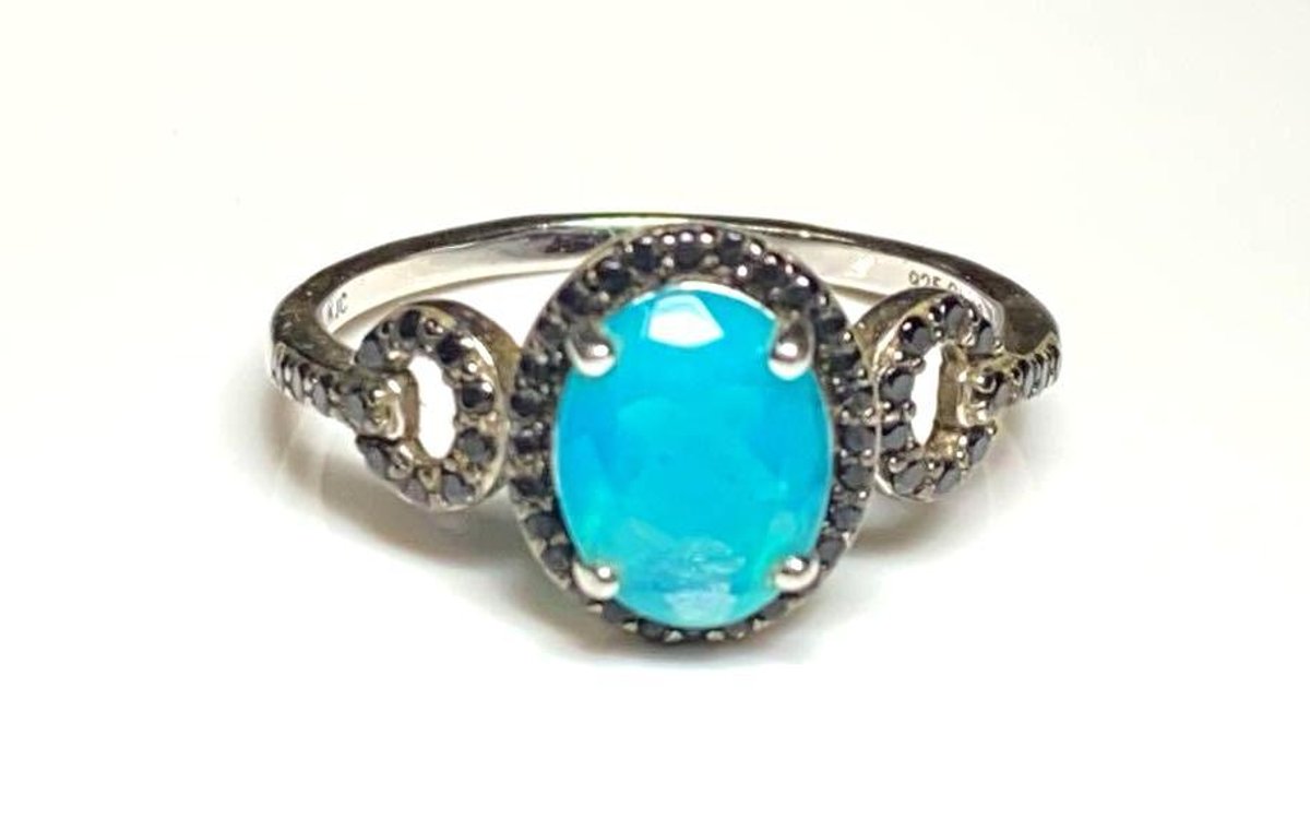 Sterling Silver 925 Marico Blue Ethiopian Opal .95ct with Black Spinel .30ctw Ring Size 9