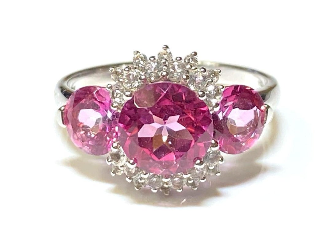 Sterling Silver 925 3.82ctw Round Pure Pink Topaz with .44ctw Round White Topaz Ring Size 9