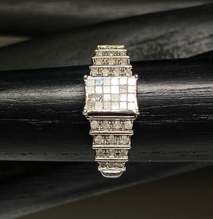Sterling Silver 925 .50ctw Princess Cut and Round Diamond, Rhodium Over Sterling Ring Size 9