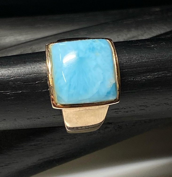 18K Rose Gold Over Sterling Silver 925 Stratify Square Cushion Cabochon Larimar Ring Size 9