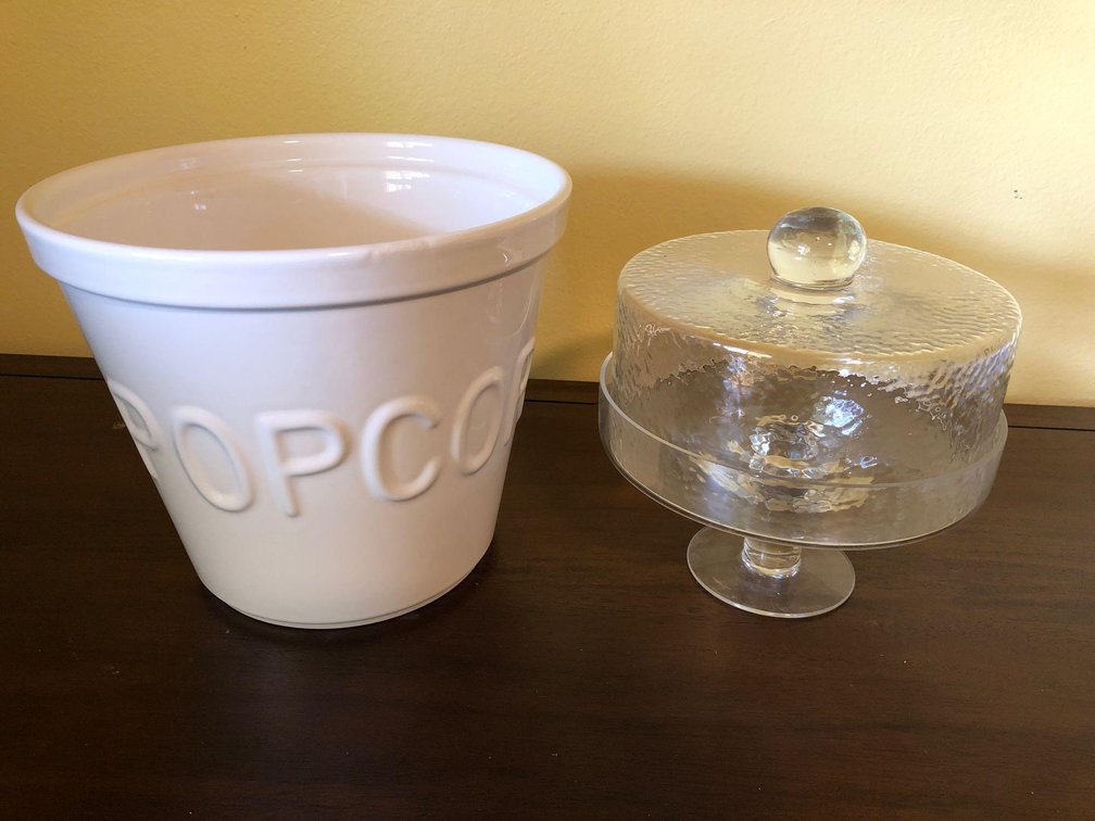 Large Popcorn Bowl and Small Glass Dessert Stand with Lid