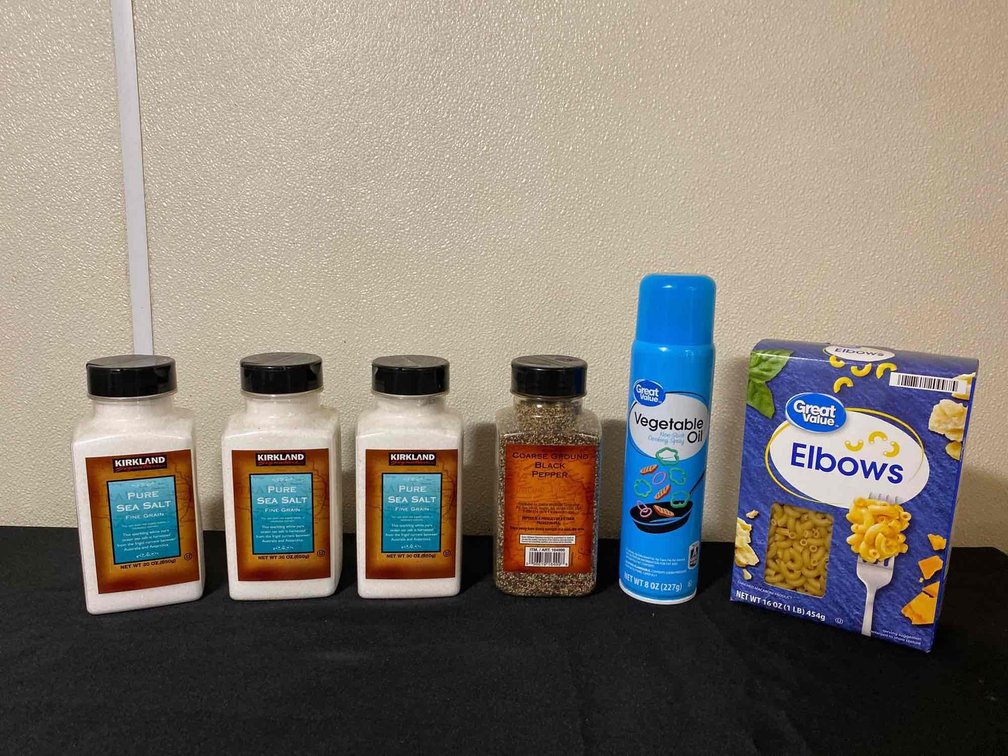 Kirkland Salt, Corse Ground Pepper, Vegetable Oil Spray and Elbow Noodles 