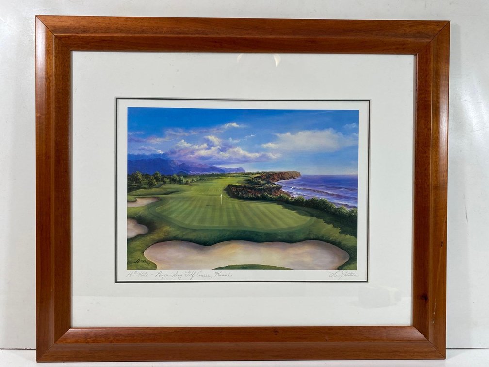 Framed Artist Signed "Golf Memories" By Larry Dotson of the Poipu Bay Golf Course 16th Hole