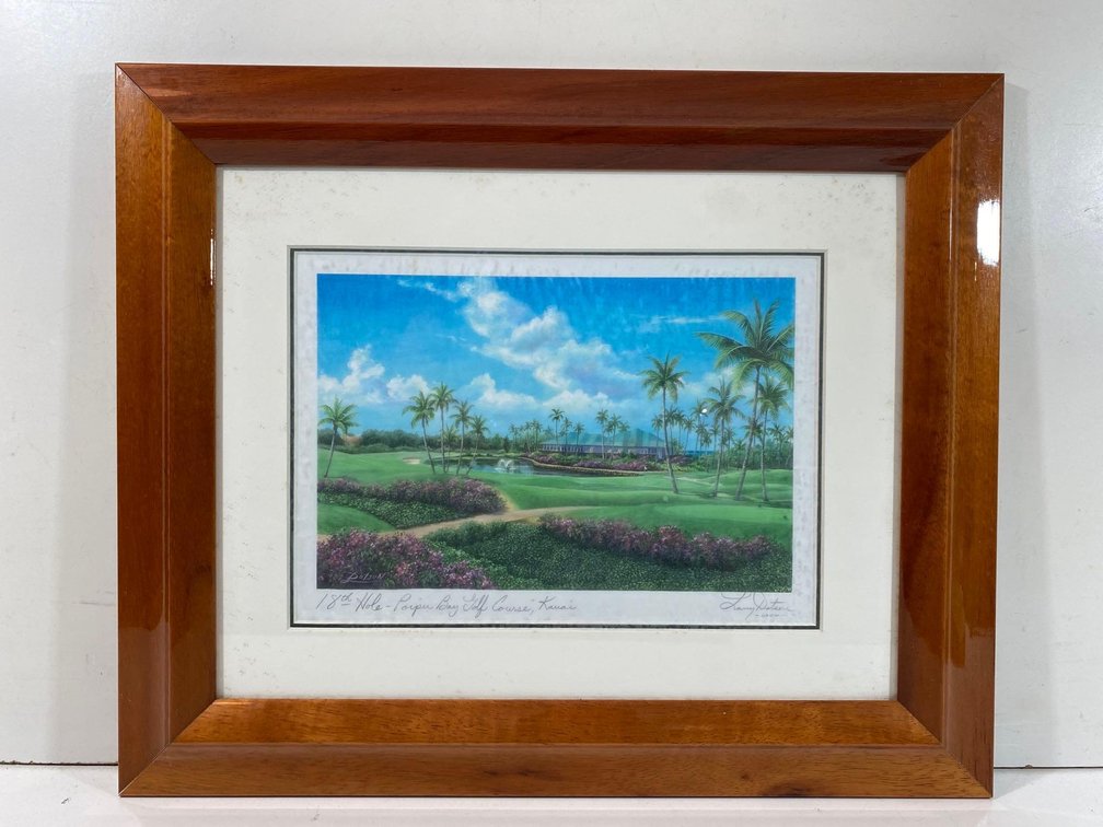 Framed Artist Signed "Golf Memories" By Larry Dotson of the Poipu Bay Golf Course 18th Hole