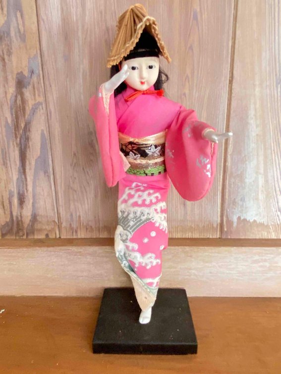 Japanese Doll In Pink Kimono on Stand 