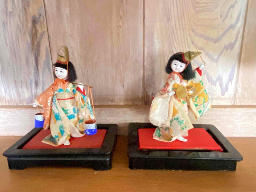 (X's 2) Japanese Dolls in Kimonos on Stands 