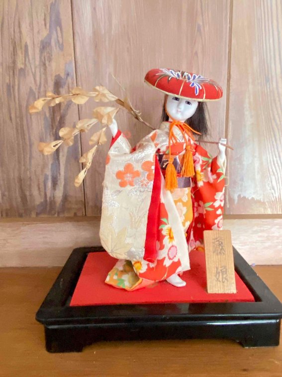 High Class Japanese Doll in Kimono and Hat on Stand 