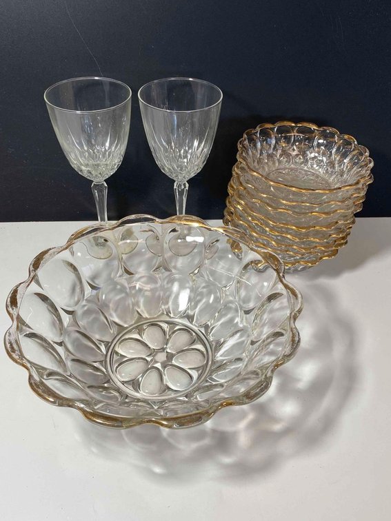 Wine Glasses and Gold Trim Bowls