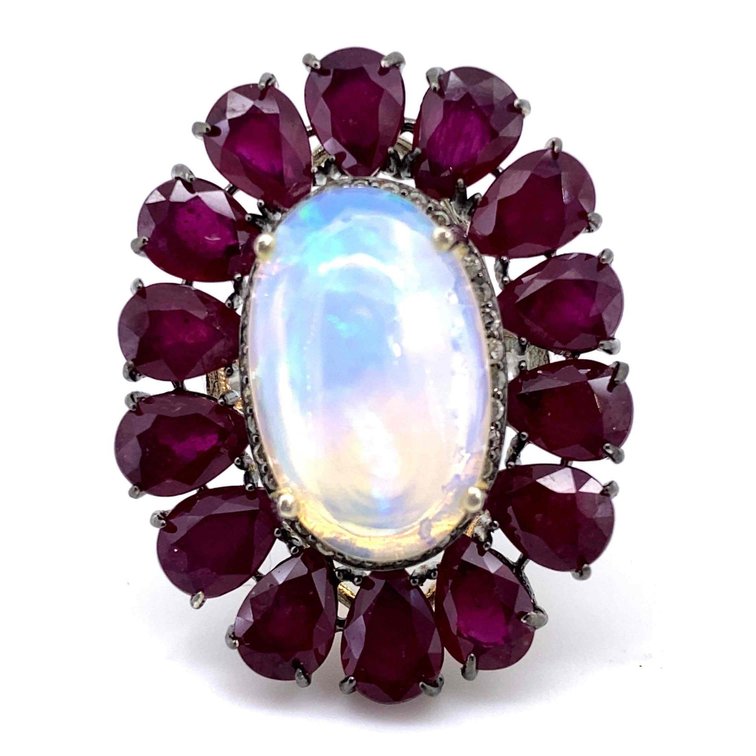 Sterling Silver 925 Natural Opal, Ruby and Diamond Ring Size 7
