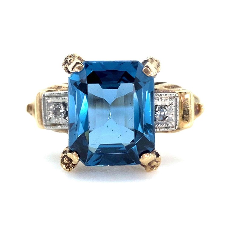 10K Gold Blue Topaz and Diamond Stone Estate Ring Size 6