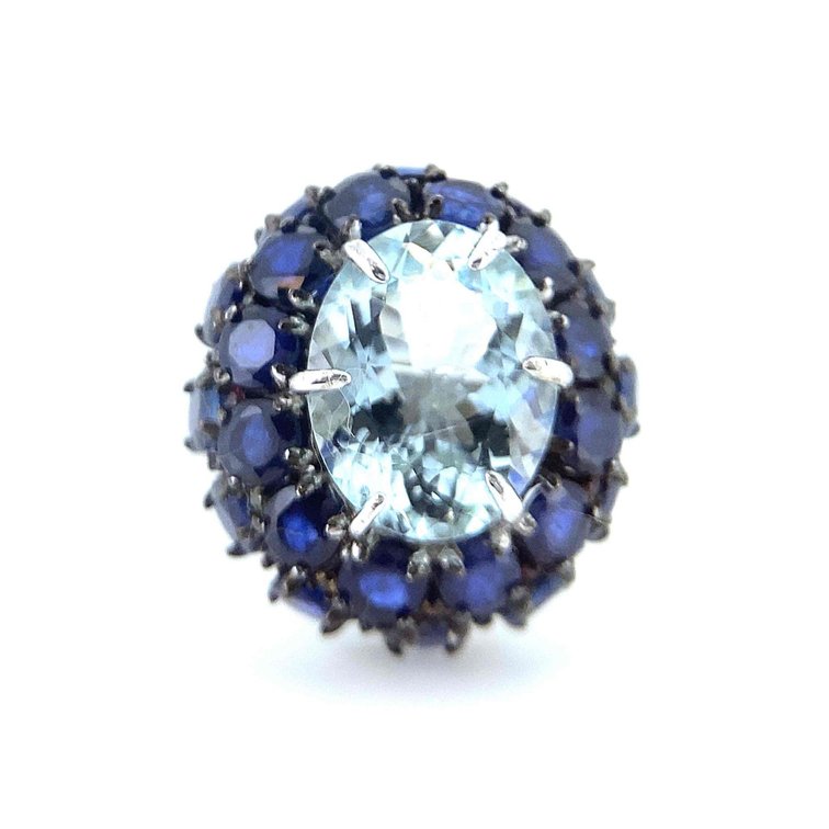 Statement Aquamarine and Sapphire Ring Size 8