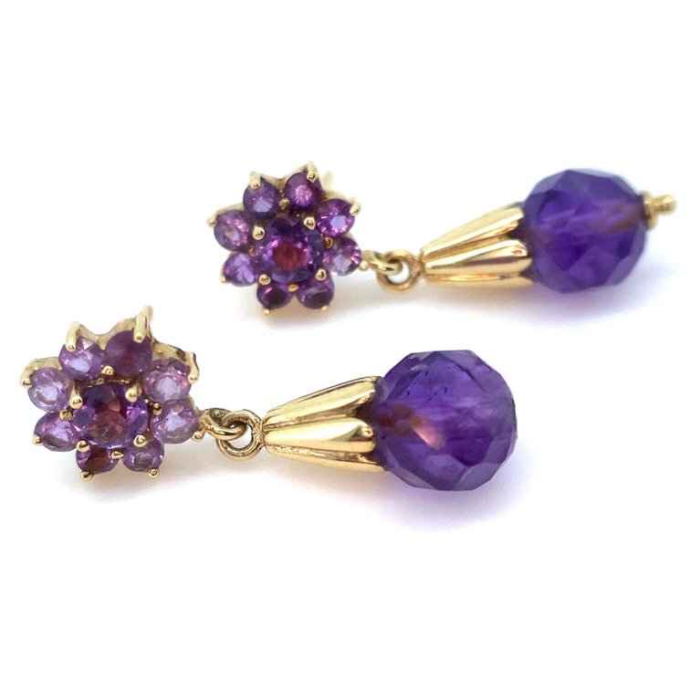 14K Gold Cascading Amethyst Dangle Estate Earrings