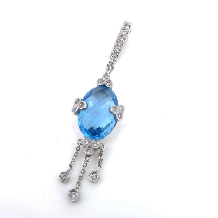 Estate 14K White Gold Light Blu Topaz Dangle Style Pendant