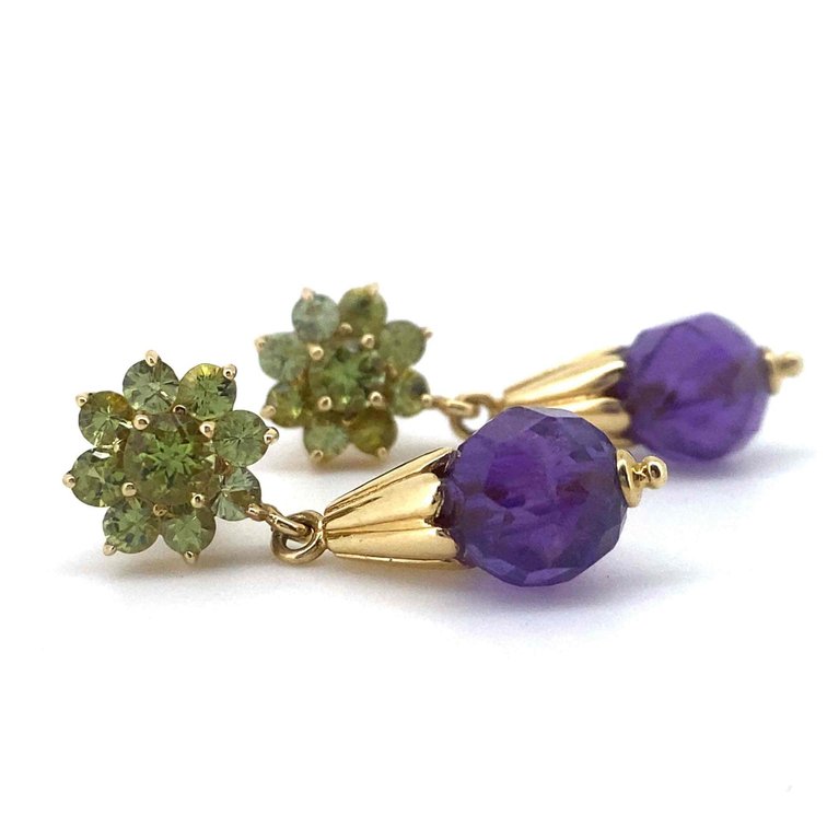 Estate 14K Gold Peridot Earrings with Dangling Amethyst Stones