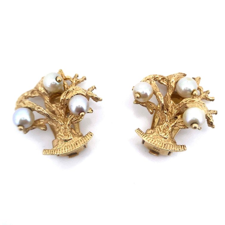 14K Gold Estate Clip On Tree Earrings with Pearl Accents