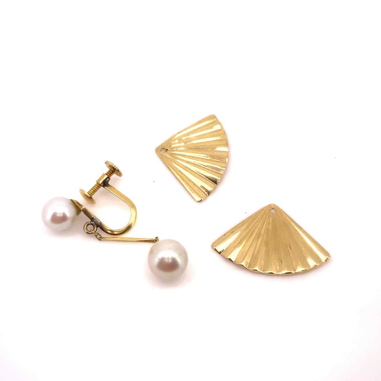 One 18k Screw Back Gold Pearl Earring, and 14k Fan Shaped Attachments