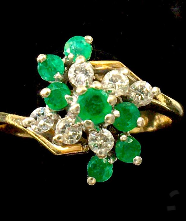 Diamonds and Emeralds 14 K Solid Gold Ring  3.5 Grams  Size 6.5