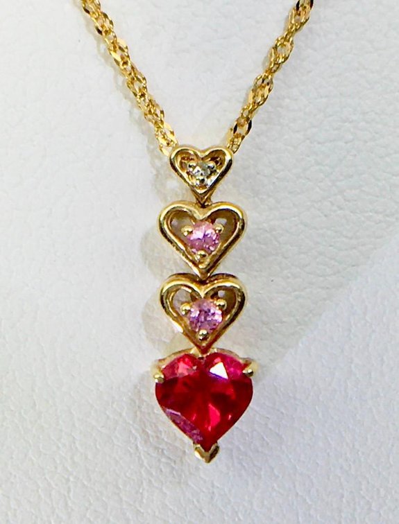 14 K Gold Chain 16" with Hearts Pendant 1 Diamond 2 Sapphires 1 Carat Red Ruby