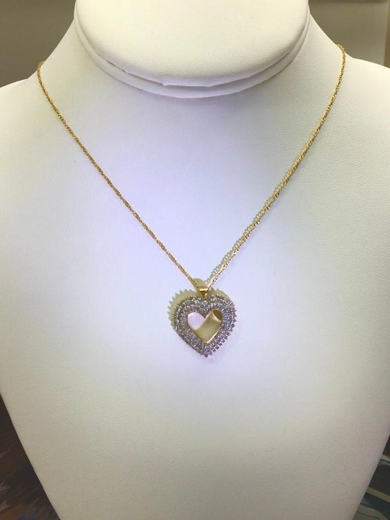 18K Fine Gold Chain 18 Inch Length Plus Large 1" Sparkling White Diamond Covered Gold Heart Pendant