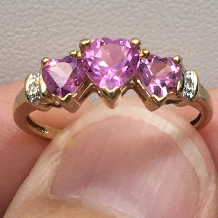 10 Karat Find Gold Ring with Three Heart Cut Pink Sapphire Gem Stones and Two Diamonds Size 7