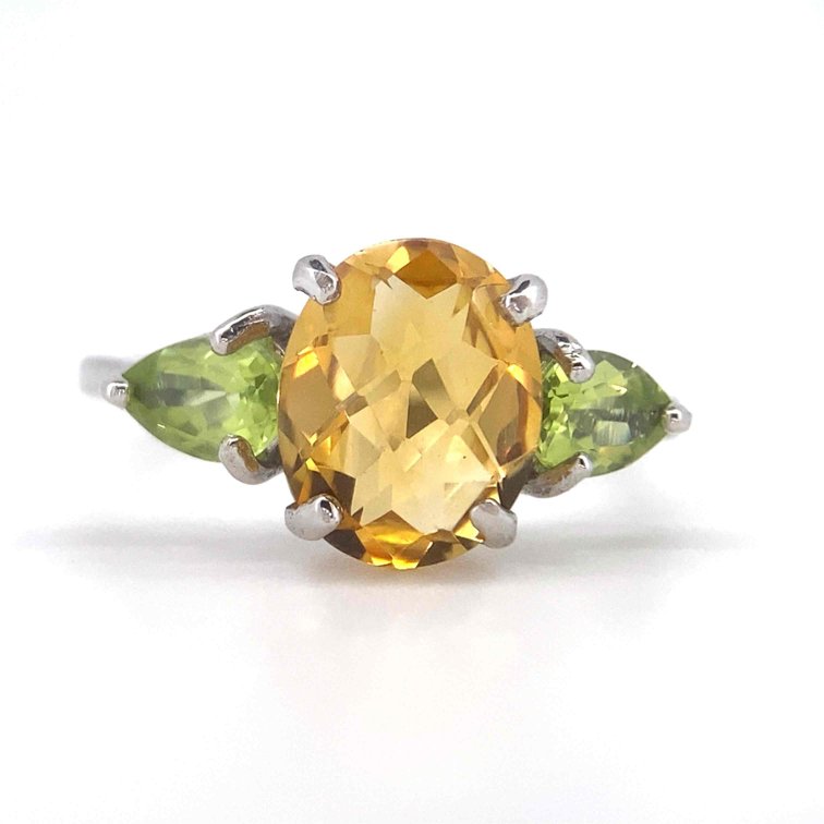 Genuine Large Citrine Center Stone With Green Tourmaline Side Stones Size 8