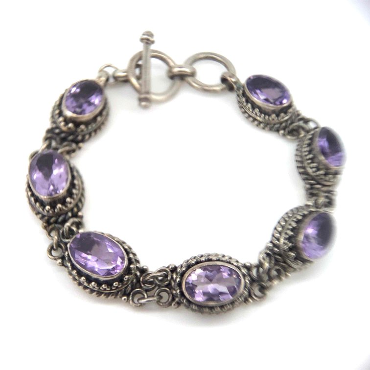 Estate Bracelet With 7 Genuine Amethyst Stones  41.6 Grams  Adjustable 7.5 to 8.5 Inches