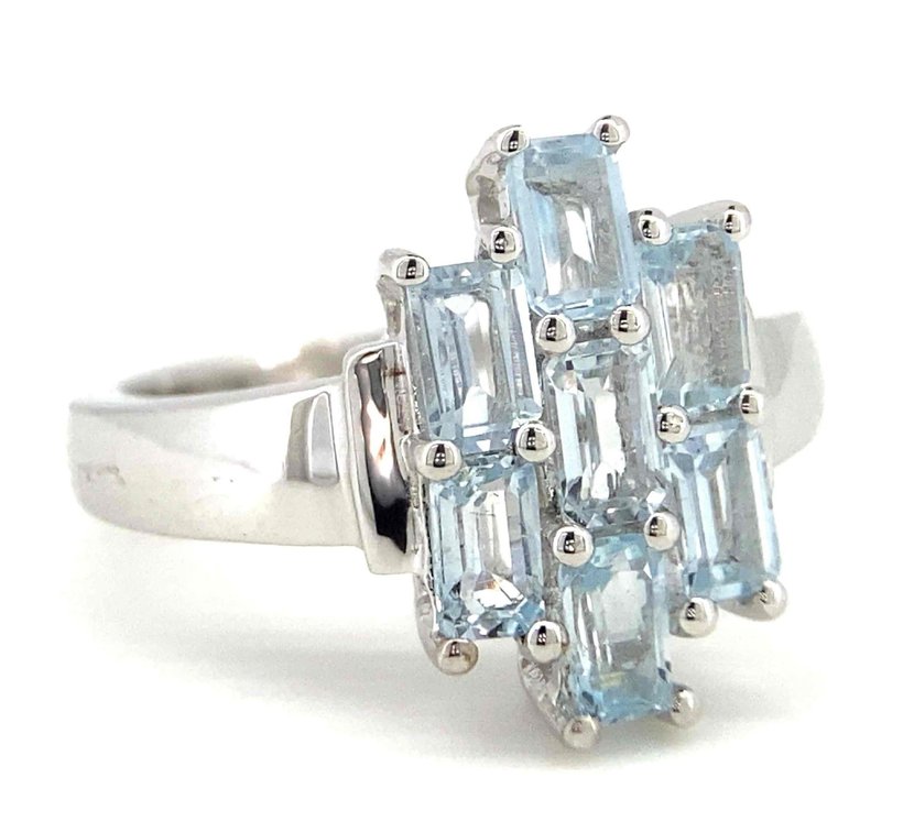Genuine Light Blue Topaz Set In Unique Style Rhodium Over Sterling Silver Ring 5.4 Grams  Size 8