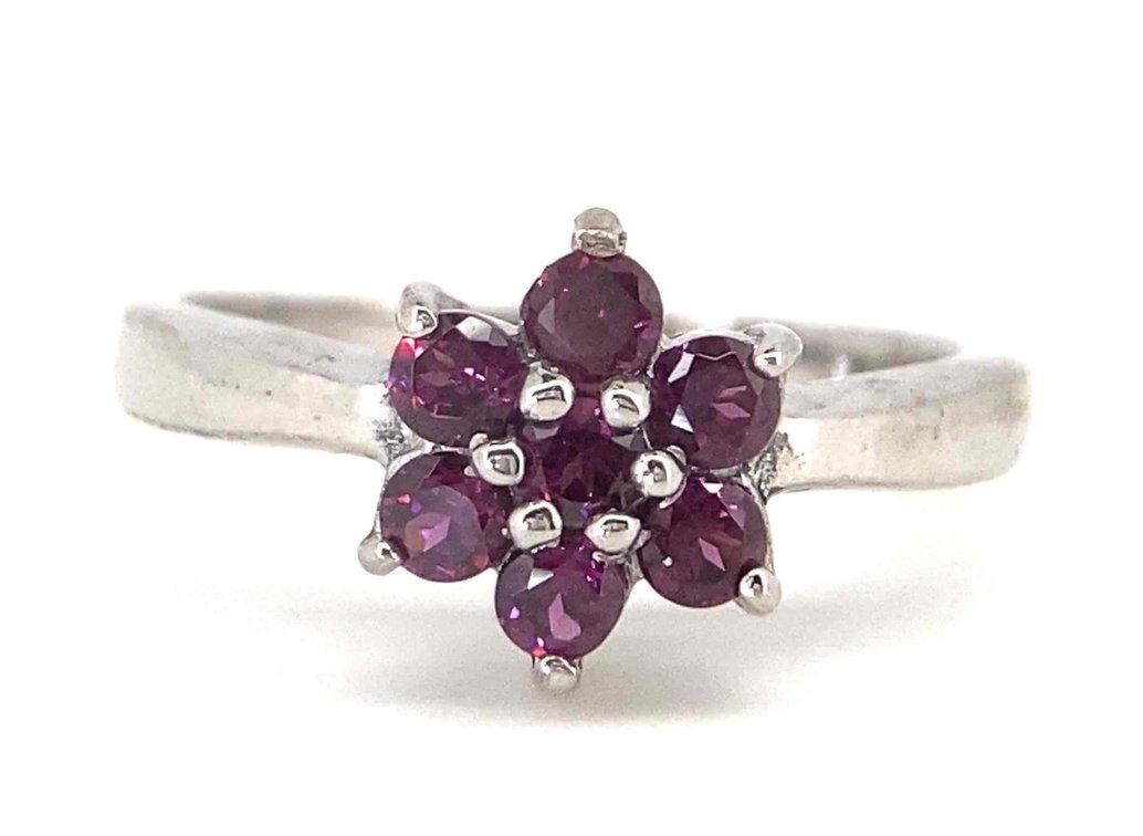Estate 925 Silver Flower Cluster Ring With Ruby Color Stones Size 7