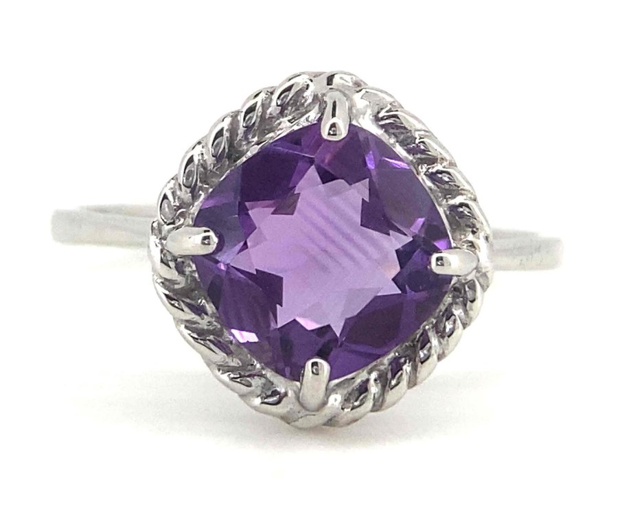 Large Genuine Amethyst Center Stone With Braided Sterling Silver Halo   Size 9