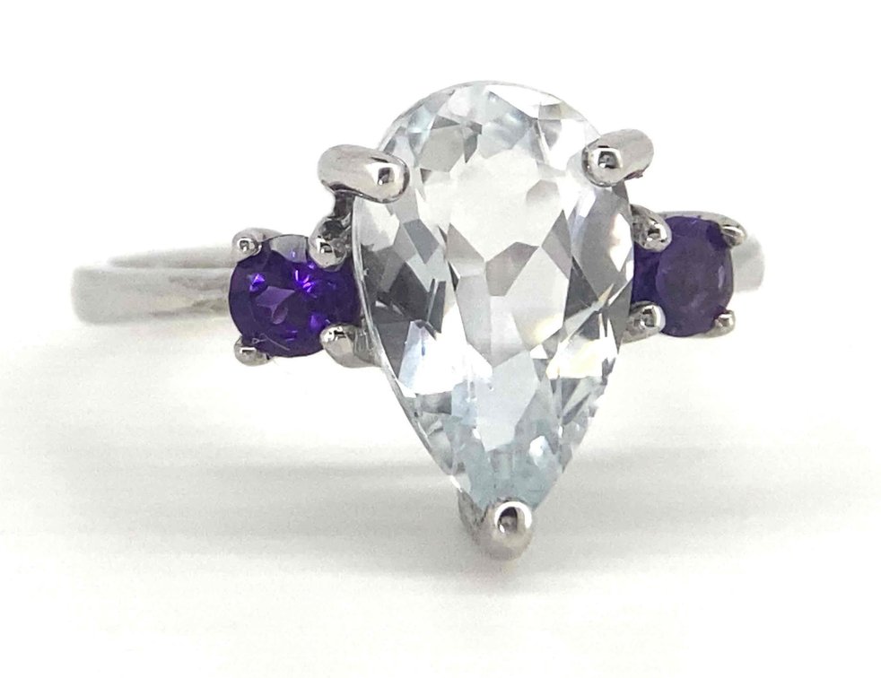 Genuine Large Topaz And Amethyst Rhodium Over Sterling Silver Ring   Size 9