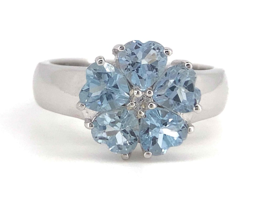 Genuine Blue & White Topaz Flower Ring Rhodium Over Sterling Silver Size 8