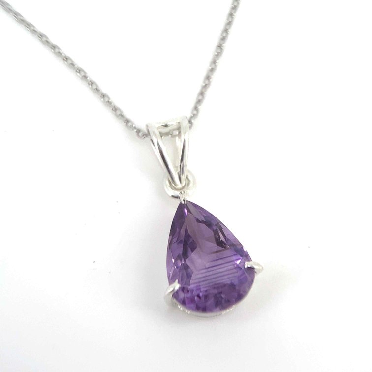 2 Carat Genuine Amethyst Pendant With Rhodium Over Sterling Silver Adjustable Chain