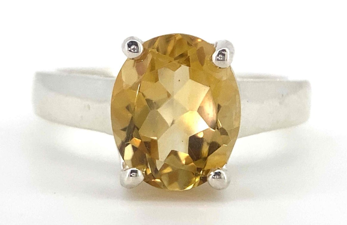 Nearly 4 Carat Intense Gold Citrine Rhodium Over Sterling Silver Ring  4.9 Grams  Size 8