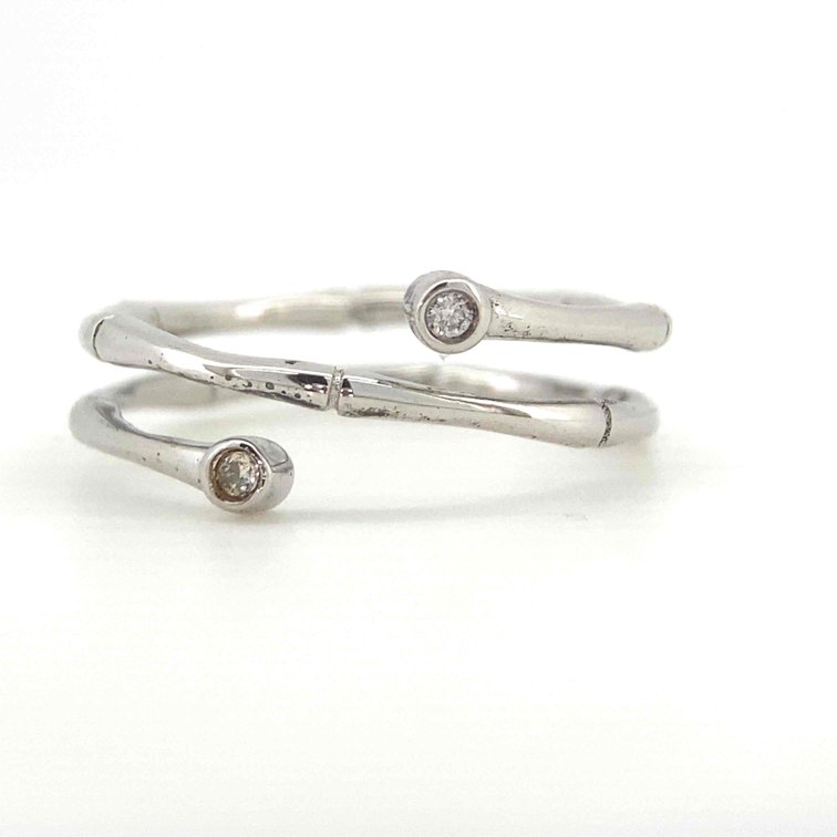 Diamond Ring Bamboo Style Ring 2 Shiny White Diamonds  Size 6 Adjustable