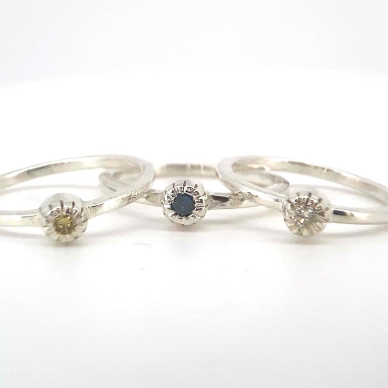 3 Diamond Solitaire Rings Blue/White/Yellow  Size 6