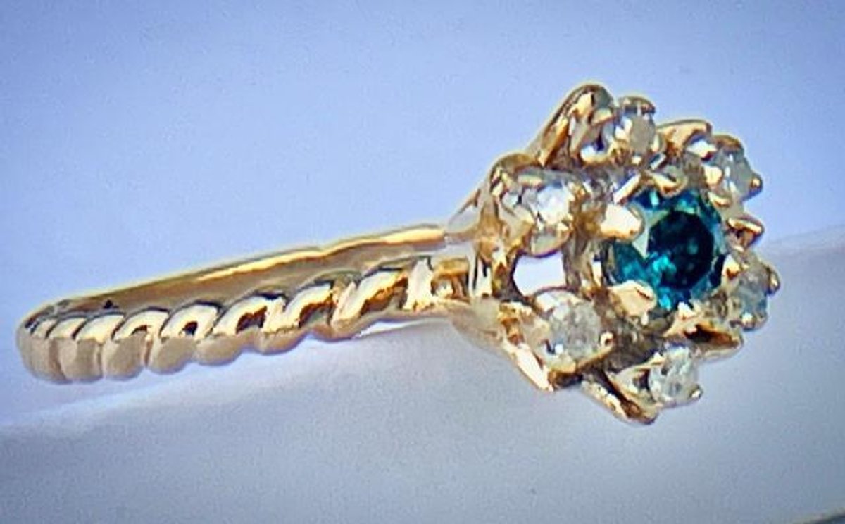 14K Solid Gold Ring with Blue and White Diamonds