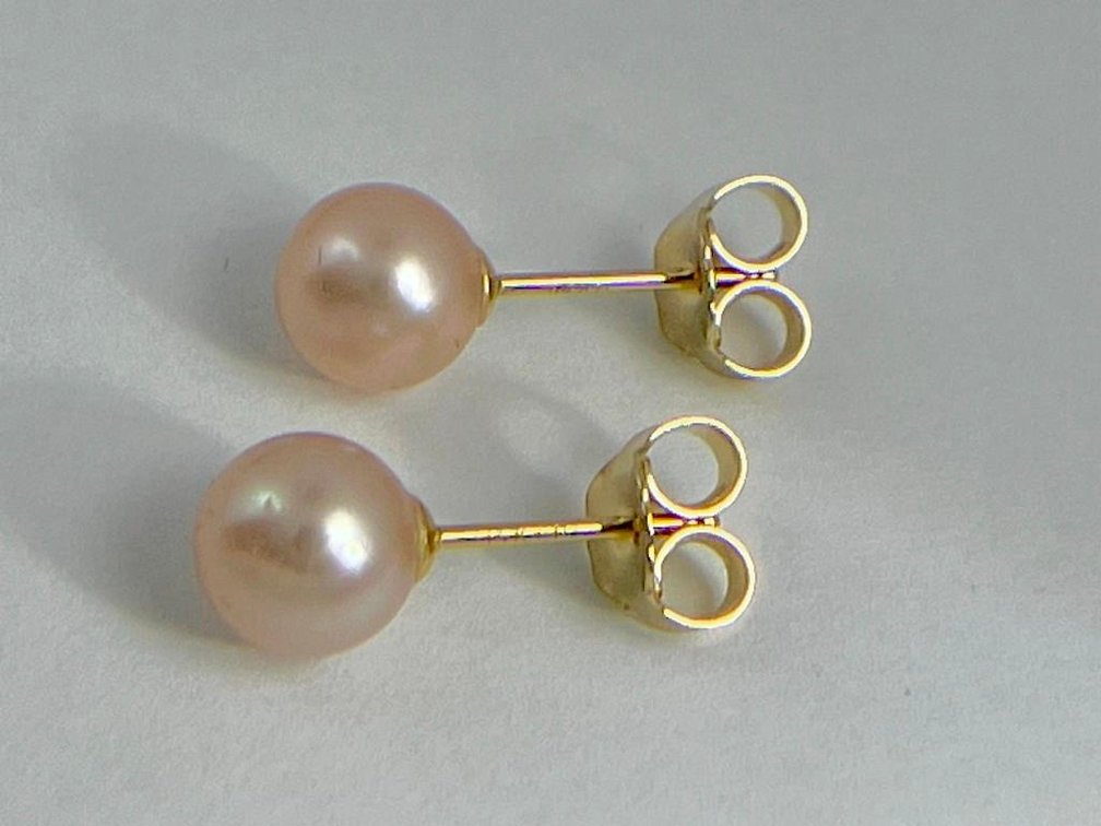 14K Solid Gold Posts w/Peachy Pink Color Pearls