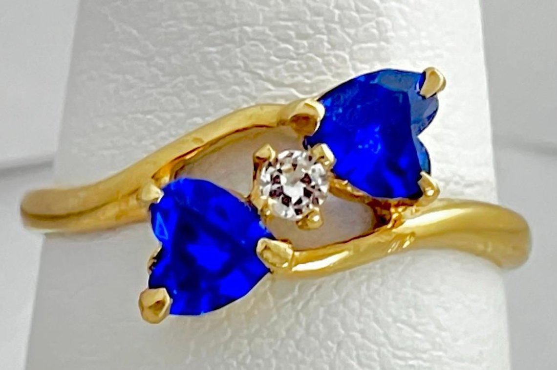 10K Fine Gold Kissing Hearts Made with Simulated Diamond and Blue Sapphire  Size 8