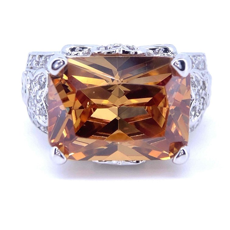 BIG BLING RHODIUM FINISHED STERLING SILVER RING GIANT BLING BIG GOLDEN COLORED STONE 11.8 GRAMS