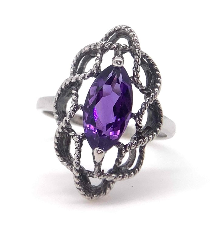 MARQUISE GENUINE AMETHYST IN STERLING SILVER RING SIZE 7