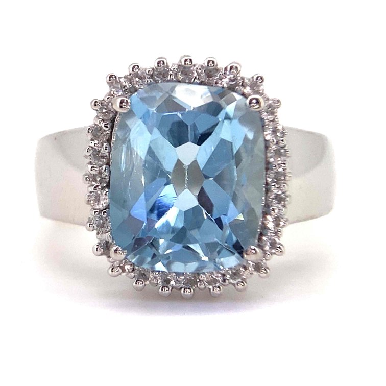 LARGE GENUINE INTENSE BLUE TOPAZ WITH HALO OF WHITE TOPAZ ACCENTS 5.6 GRAMS  SIZE 6
