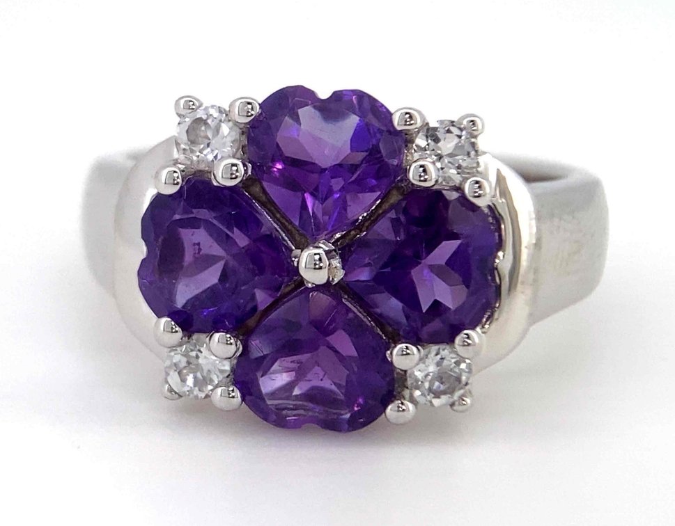 4 KISSING PURPLE GENUINE AMETHYST WITH WHITE TOPAZ ACCENTS STONES 5.5 GRAMS  SIZE 8