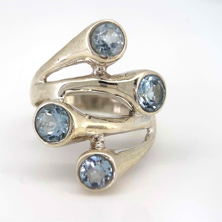 4 Genuine Blue Topaz Stones Set In Sterling Silver Unique Design   7.33 Grams  Size 10