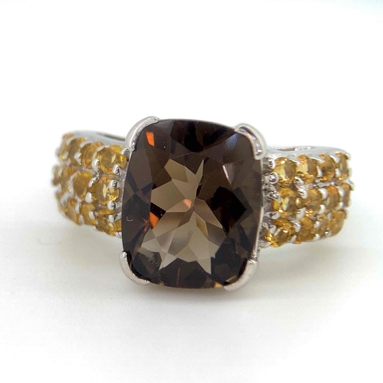 4 Carat Genuine Smokey Quartz Center Stone With Numerous Golden Citrine Accent Stones  Size 7.5