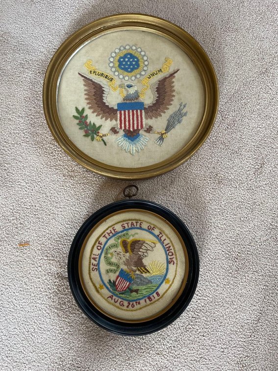 (X’s 2) handcrafted embroidered sewn eagle wall hangings