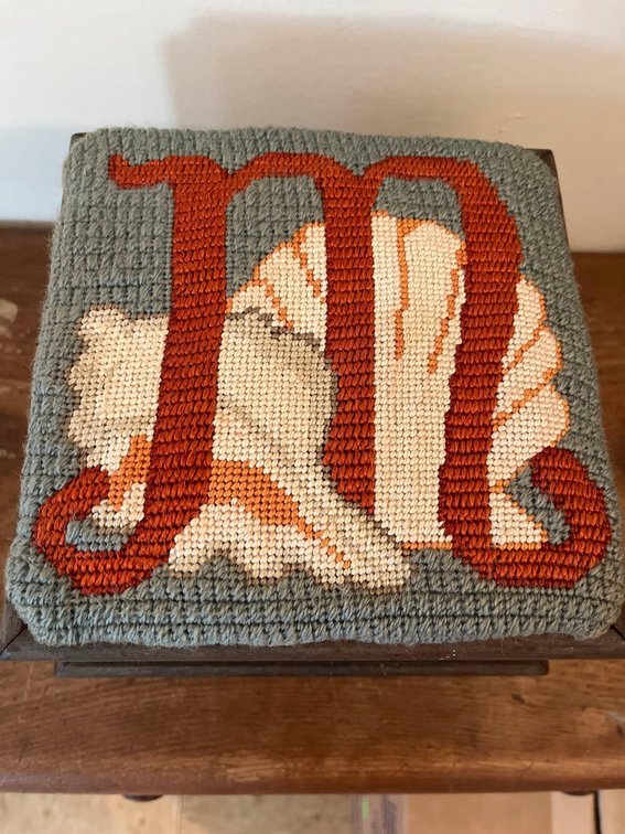 letter, M hand embroidered footstool