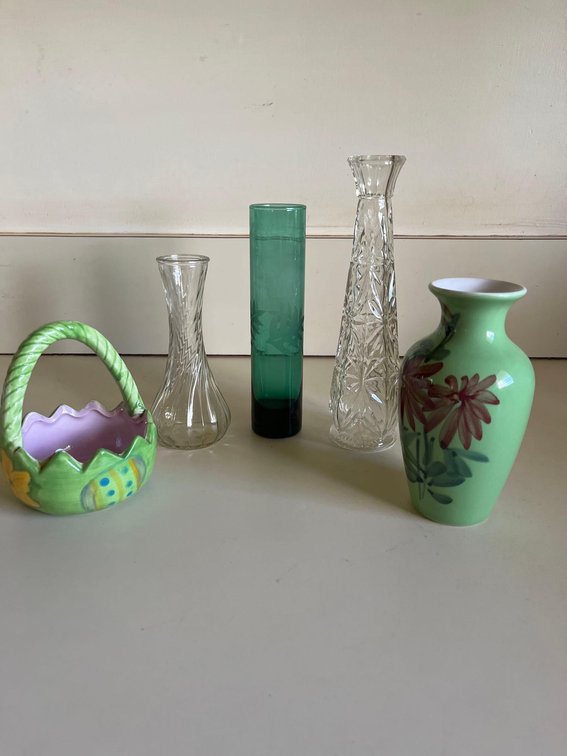 assorted flower vases with cute ceramic basket