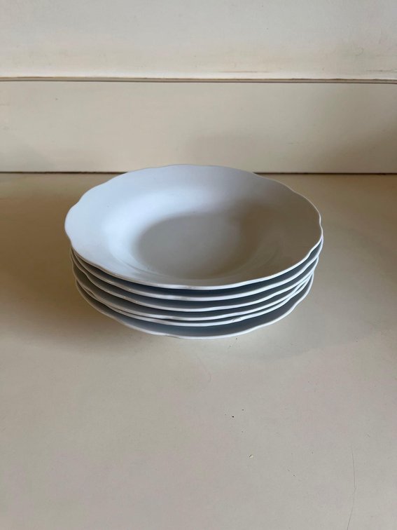 set of six white, china bowls for soup or salad